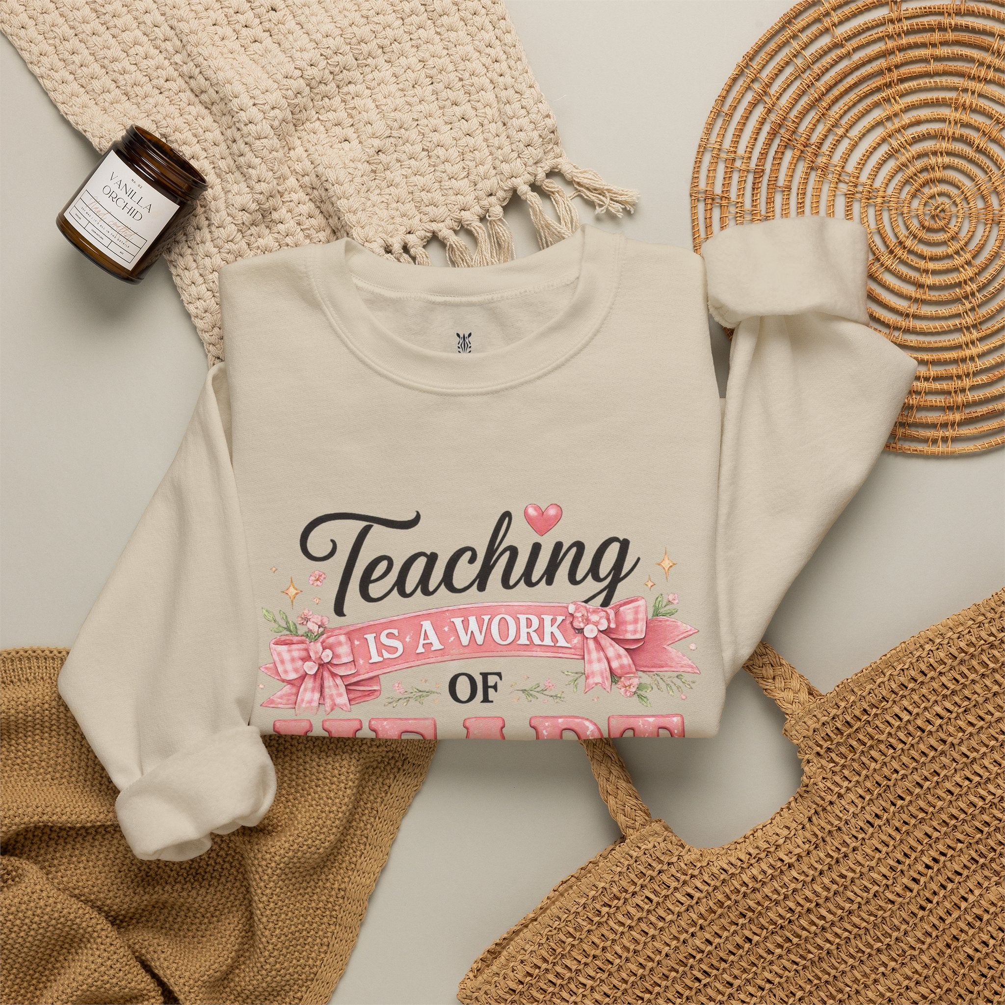 Elementary Teacher Crewneck Sweatshirt – "Teaching Is a Work of Heart" Floral