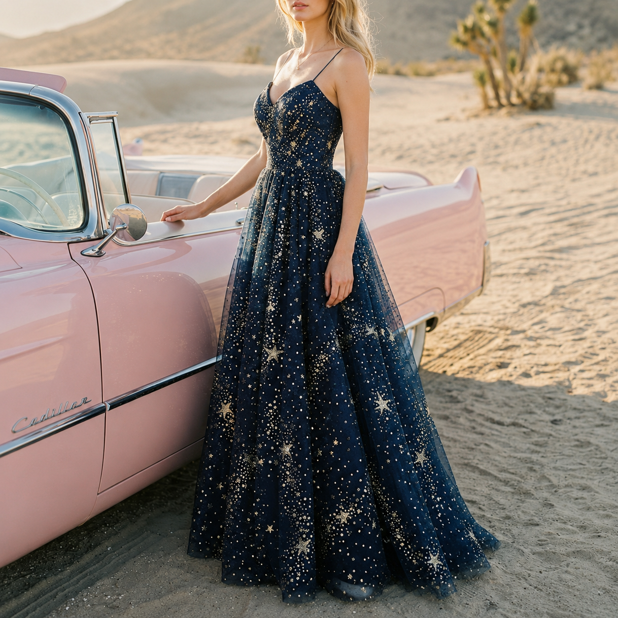 Celestial Midnight Blue Starry Maxi Dress – Spaghetti Strap Constellation Prom & Evening Gown