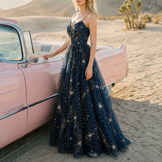 Celestial Midnight Blue Starry Maxi Dress – Spaghetti Strap Constellation Prom & Evening Gown