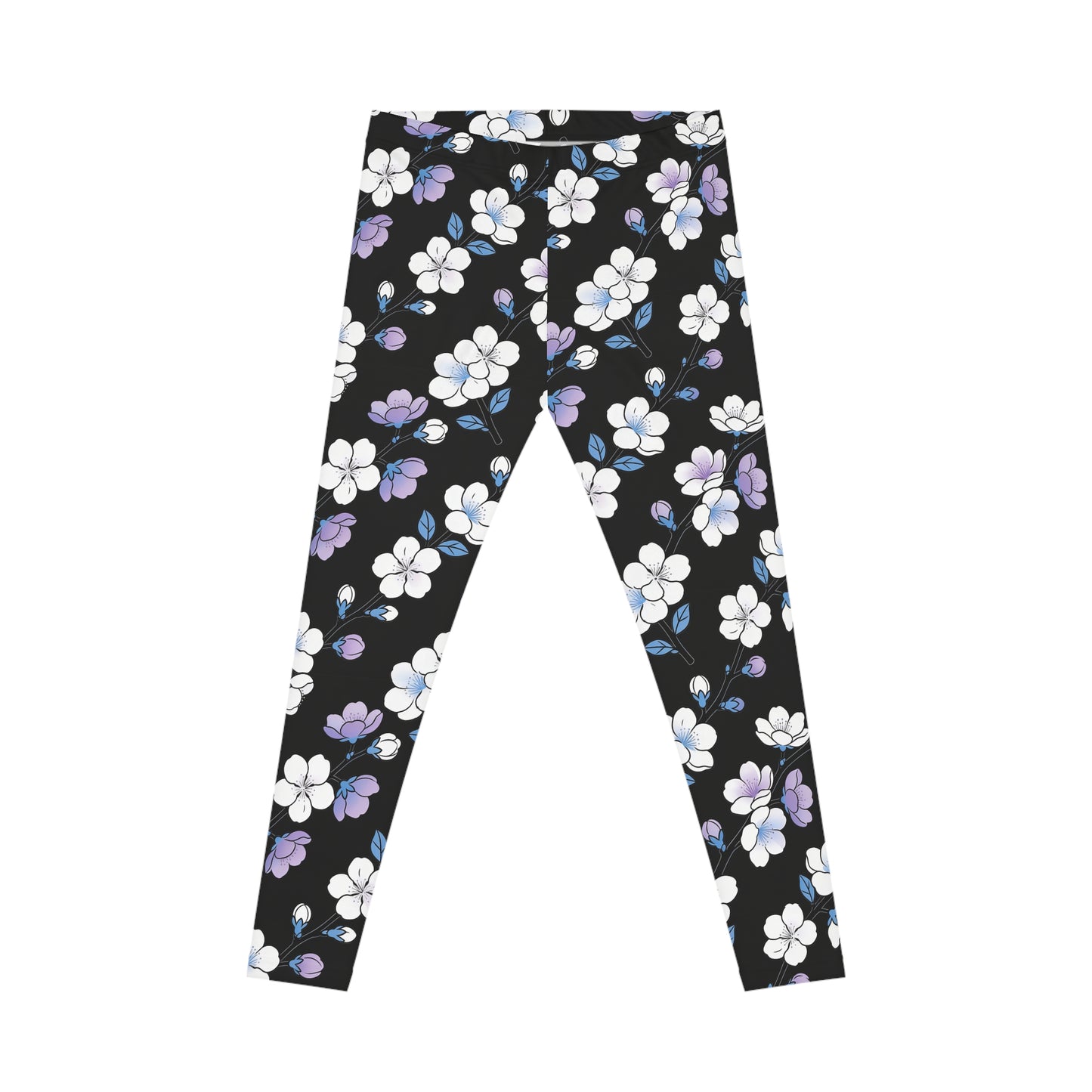 Purple White Floral Print Leggings | Black All-Over Pattern