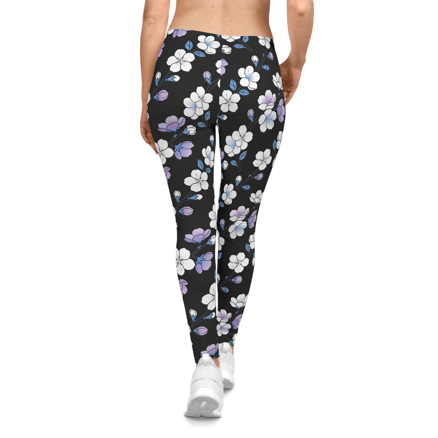 Purple White Floral Print Leggings | Black All-Over Pattern