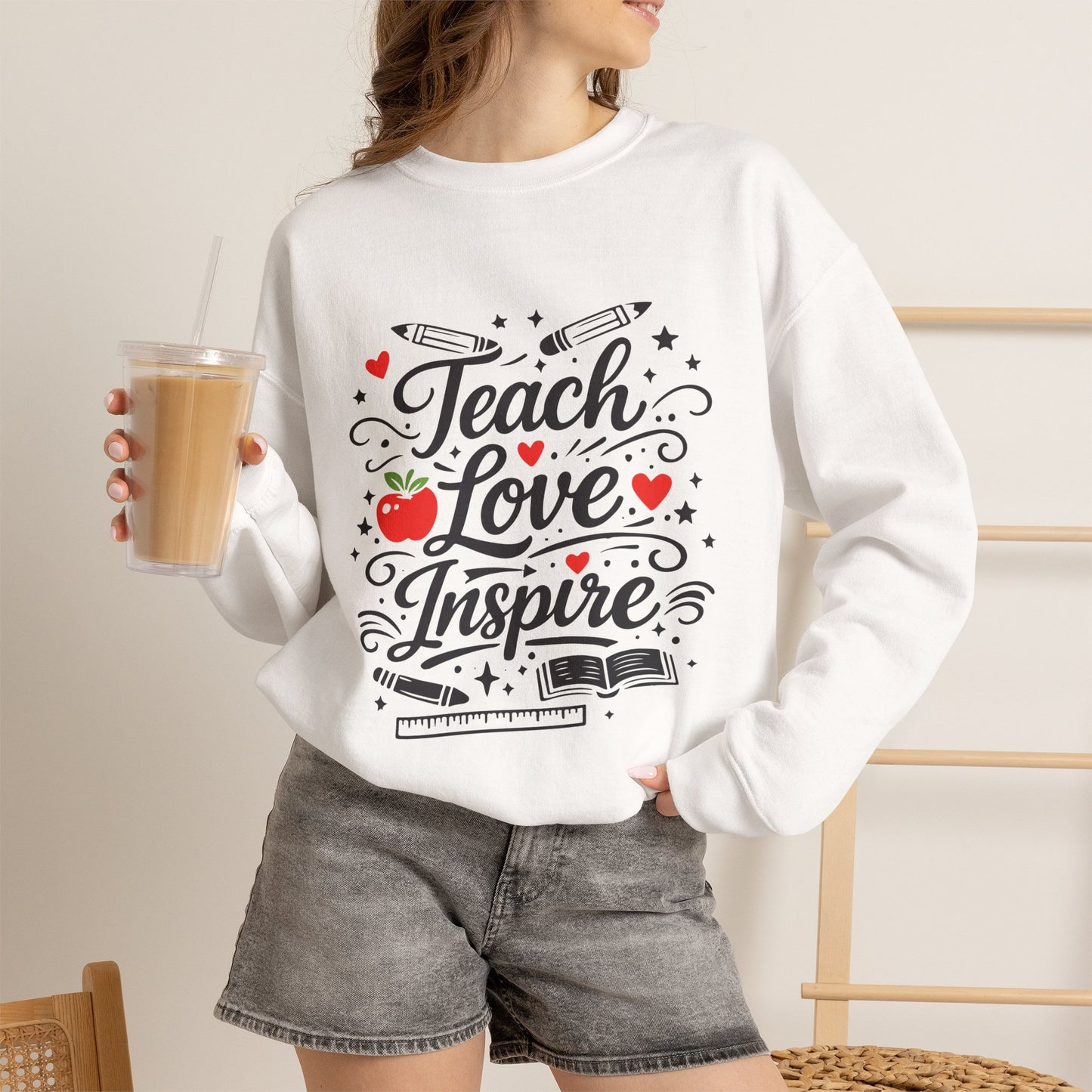 Teacher Appreciation Gift Sweatshirt – "Teach Love Inspire" Apple & Book Crewneck
