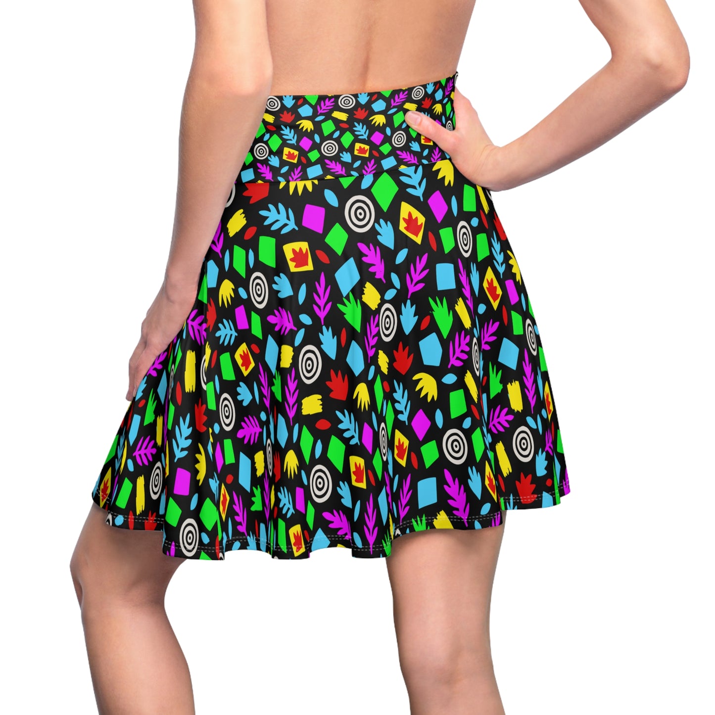 Neon Floral Geometric Pattern Skater Skirt | Colorful Leaves Dots