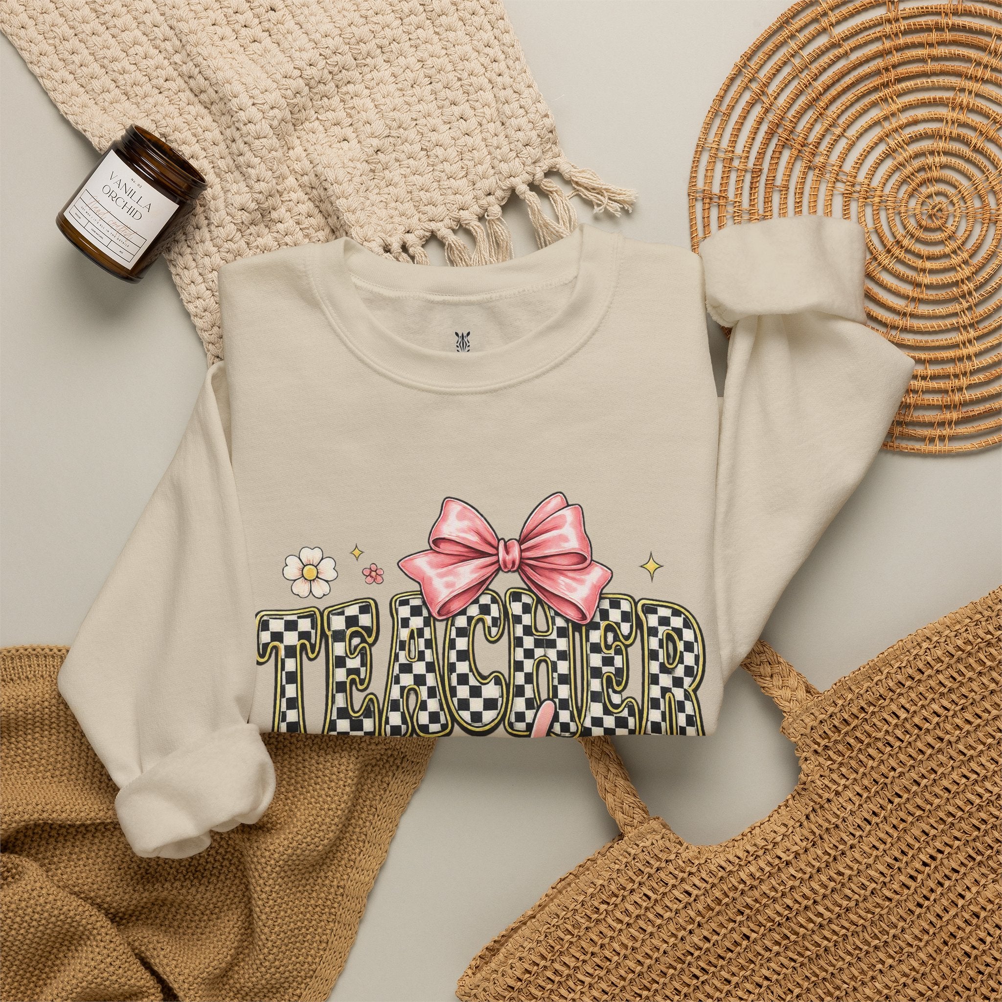 Teacher Crewneck Sweatshirt – "Feel-Good Energy" Pink Bow Graphic