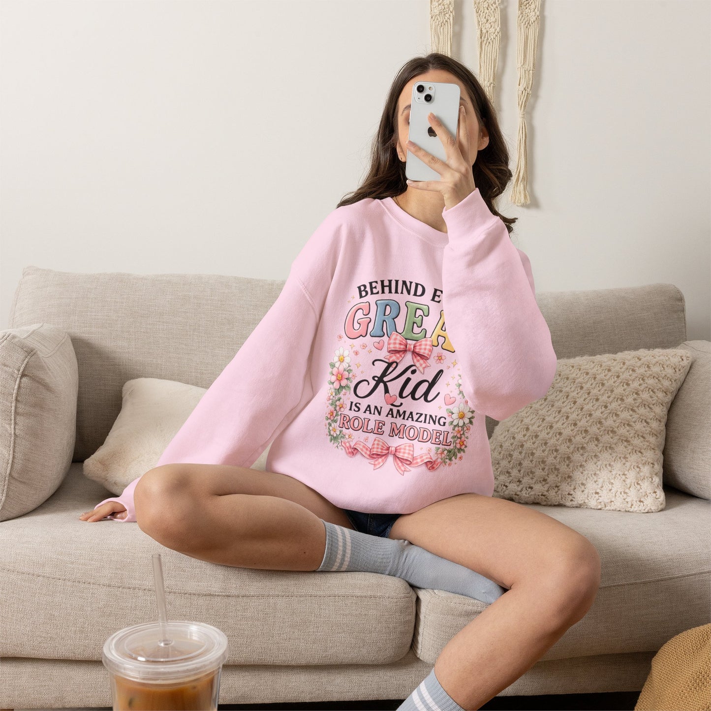 Crewneck Sweatshirt — “Behind Every Great Kid Is An Amazing Role Model” Floral Design
