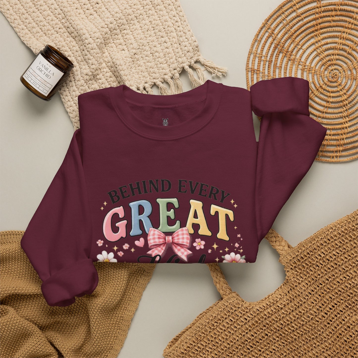 Crewneck Sweatshirt — “Behind Every Great Kid Is An Amazing Role Model” Floral Design