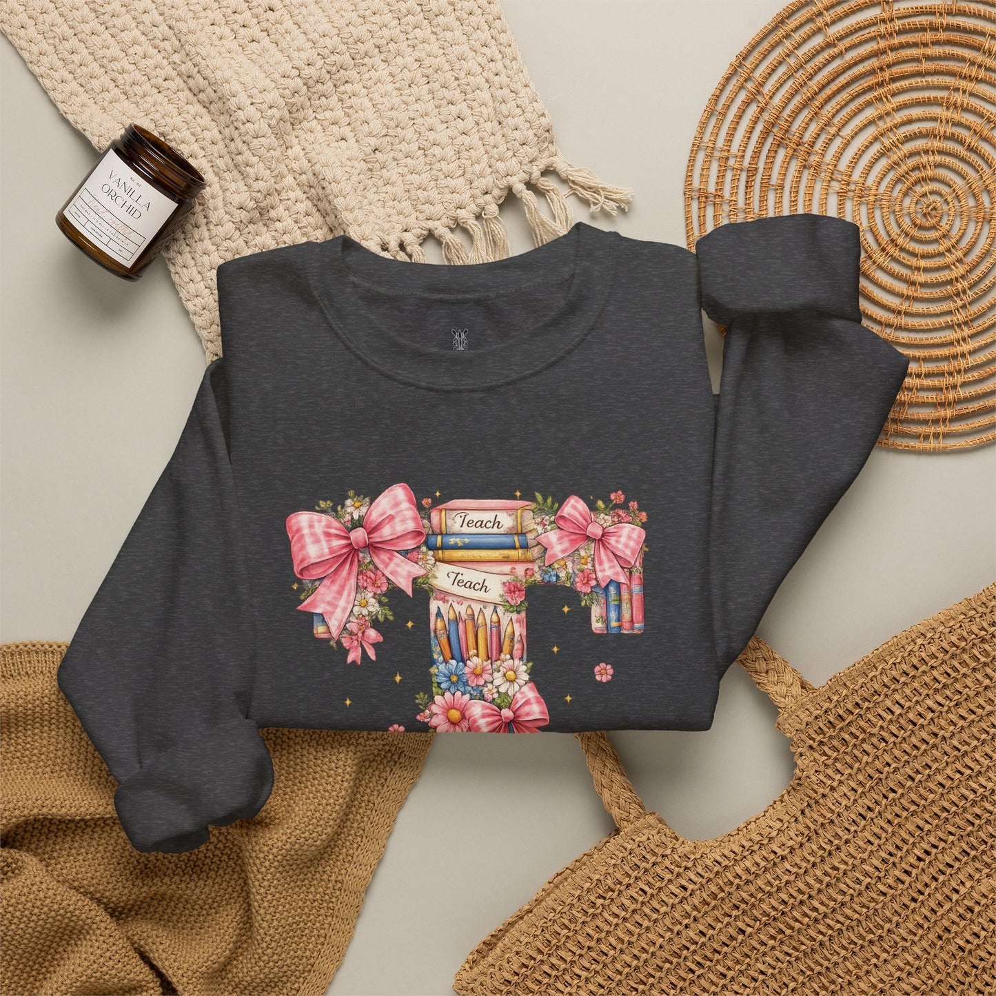 Letter T Floral Bookstack Sweatshirt — Feminine Alphabet Tee for Book Lovers