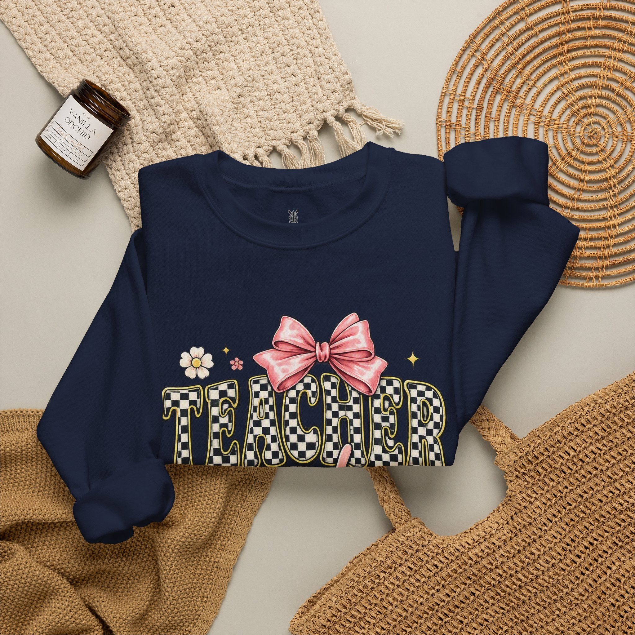 Teacher Crewneck Sweatshirt – "Feel-Good Energy" Pink Bow Graphic