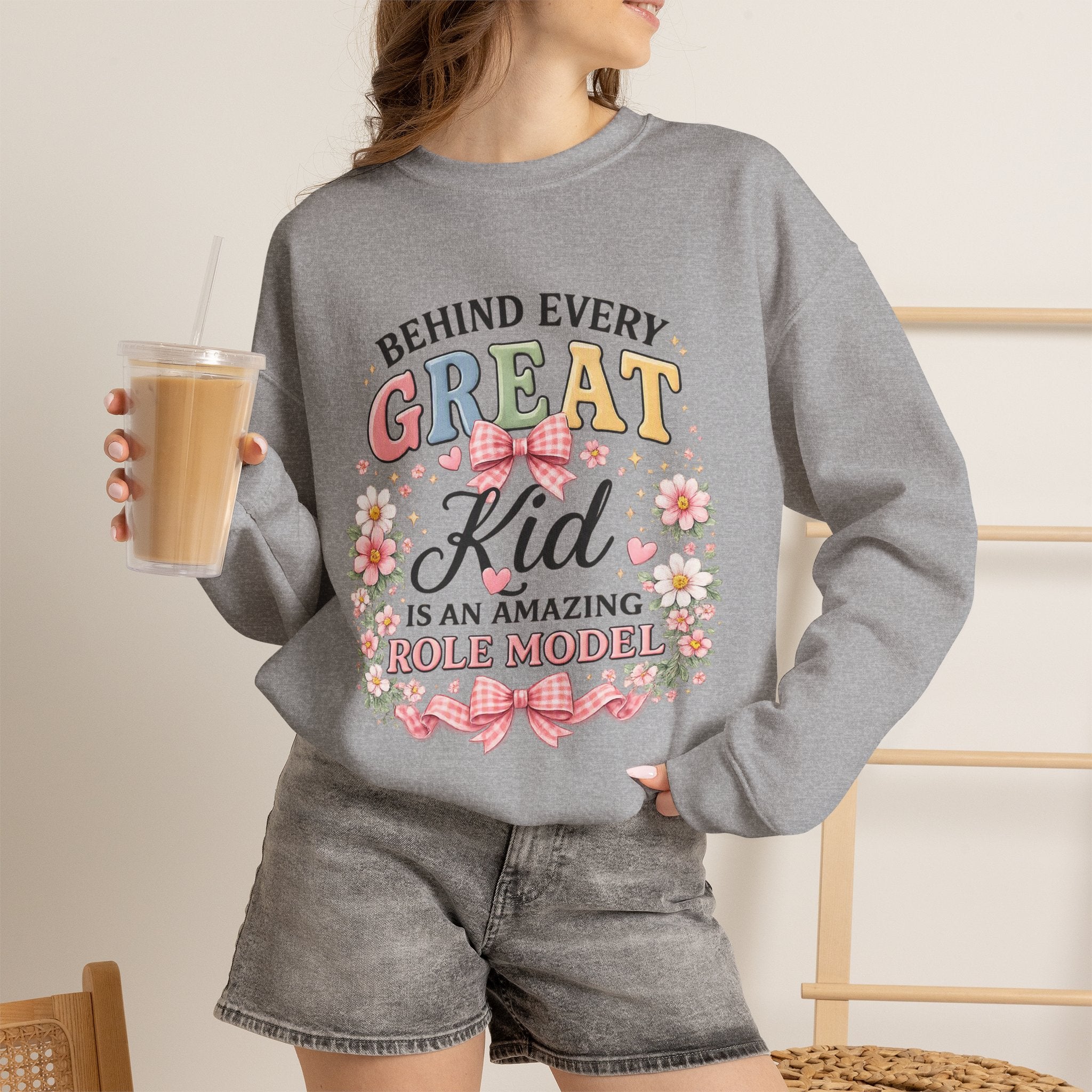Teacher Crewneck Sweatshirt – "Behind Every Great Kid" Floral Design