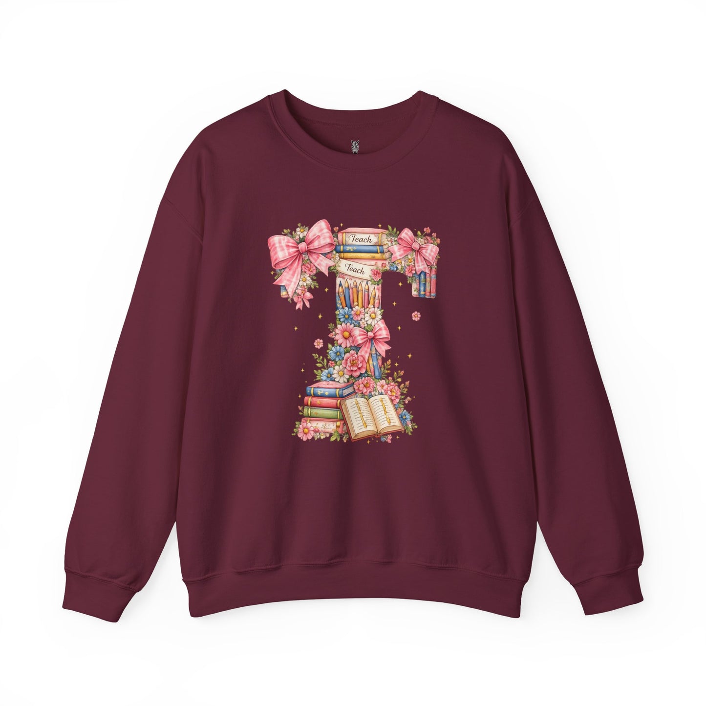 Letter T Floral Bookstack Sweatshirt — Feminine Alphabet Tee for Book Lovers