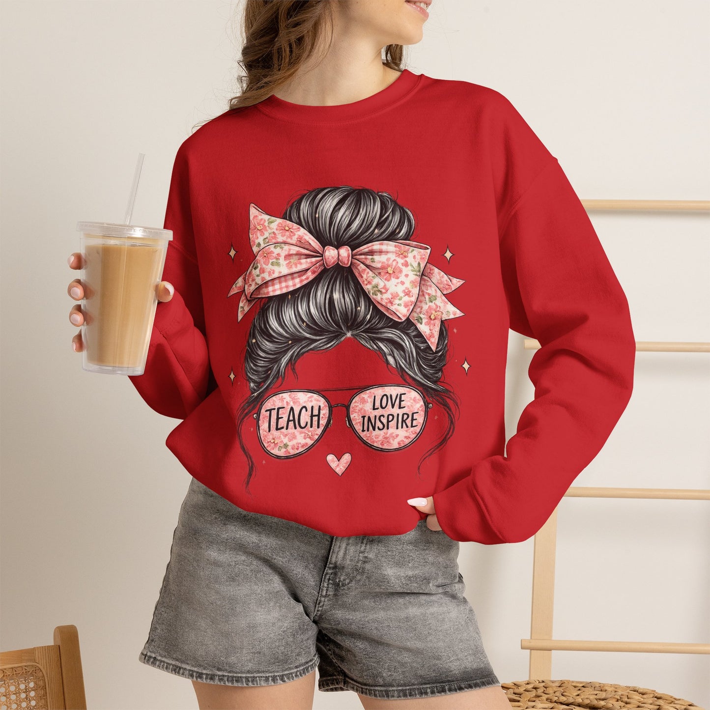 Funny Shirts for Teachers – Hair Bun & Sunglasses "Teach Love Inspire" Sweatshirt