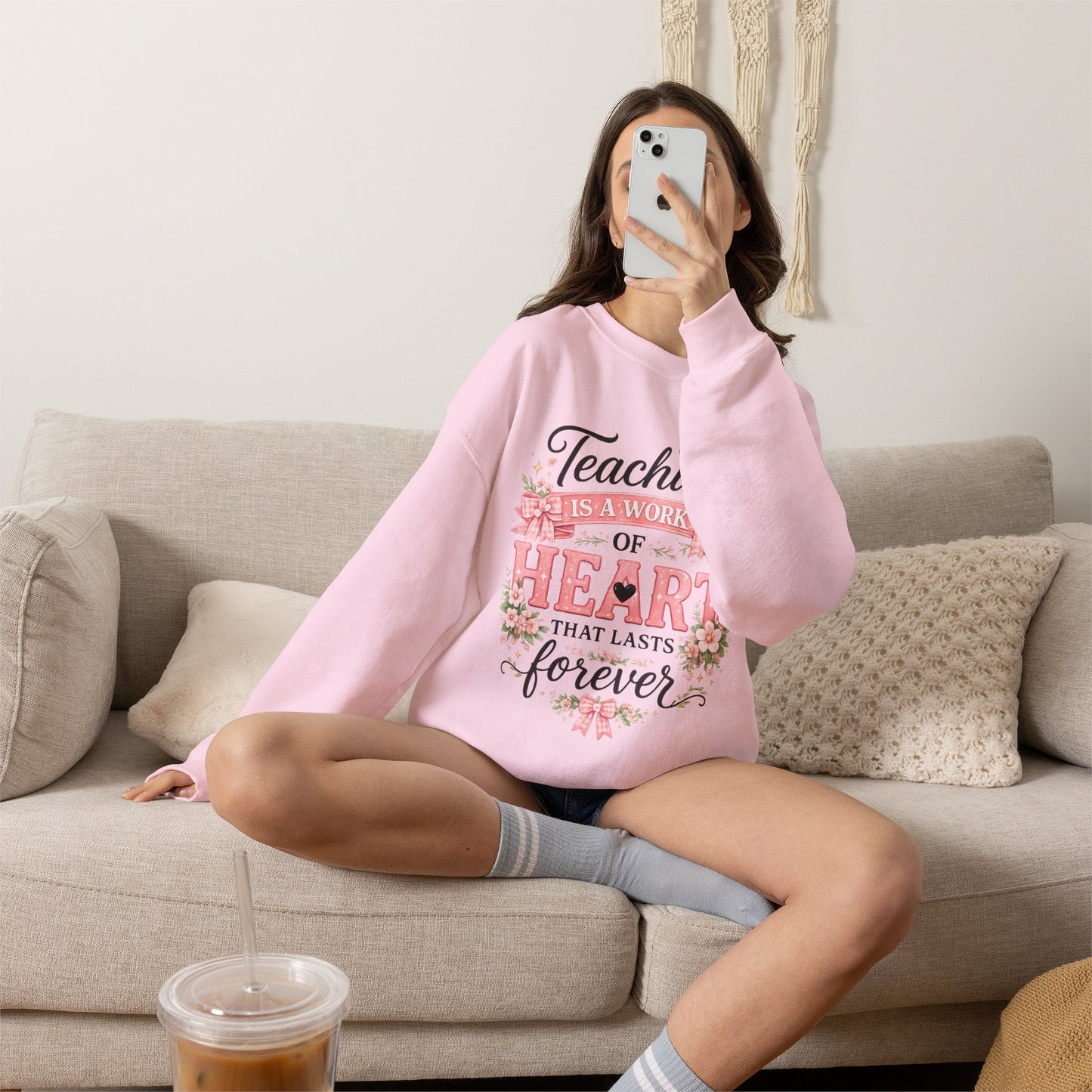 Elementary Teacher Crewneck Sweatshirt – "Teaching Is a Work of Heart" Floral