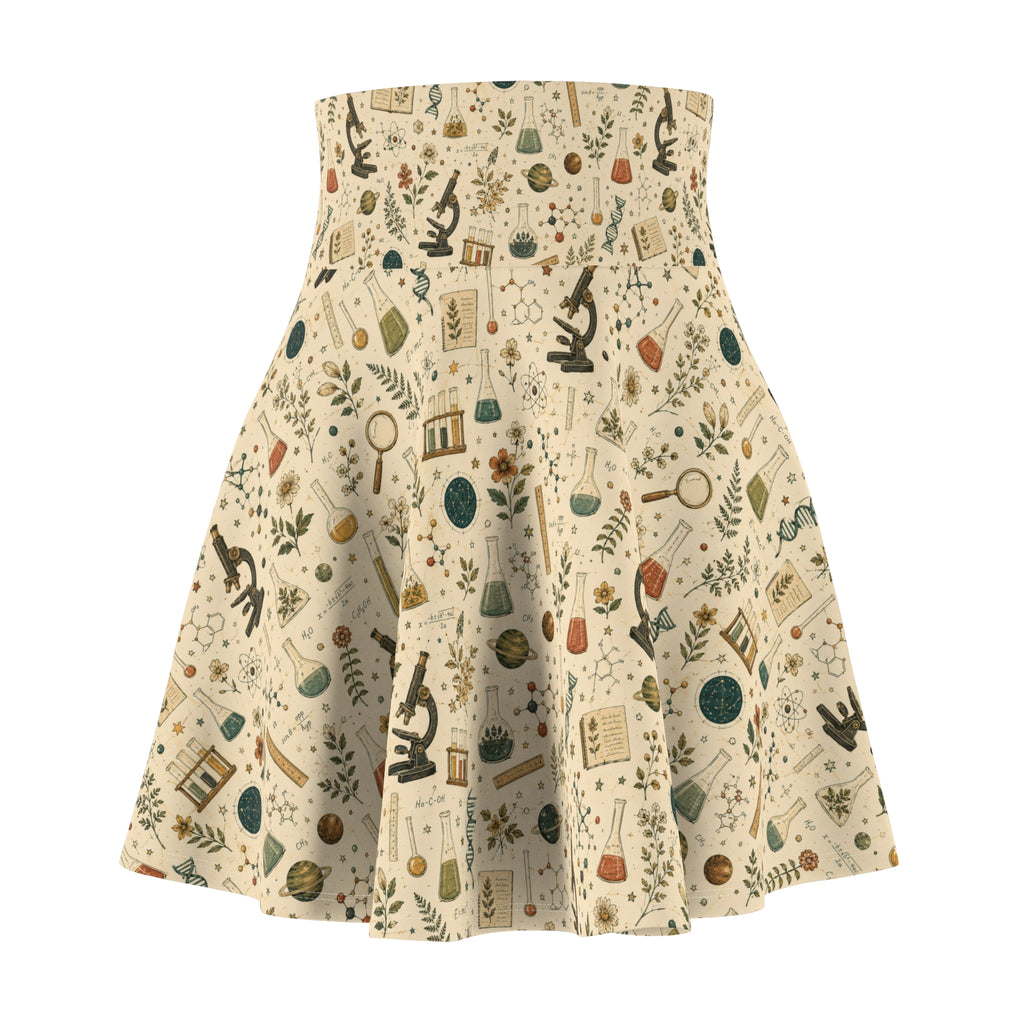 Science Teacher Skirt — Microscope & Lab Icons Print | Vintage STEM Skater Skirt for Women