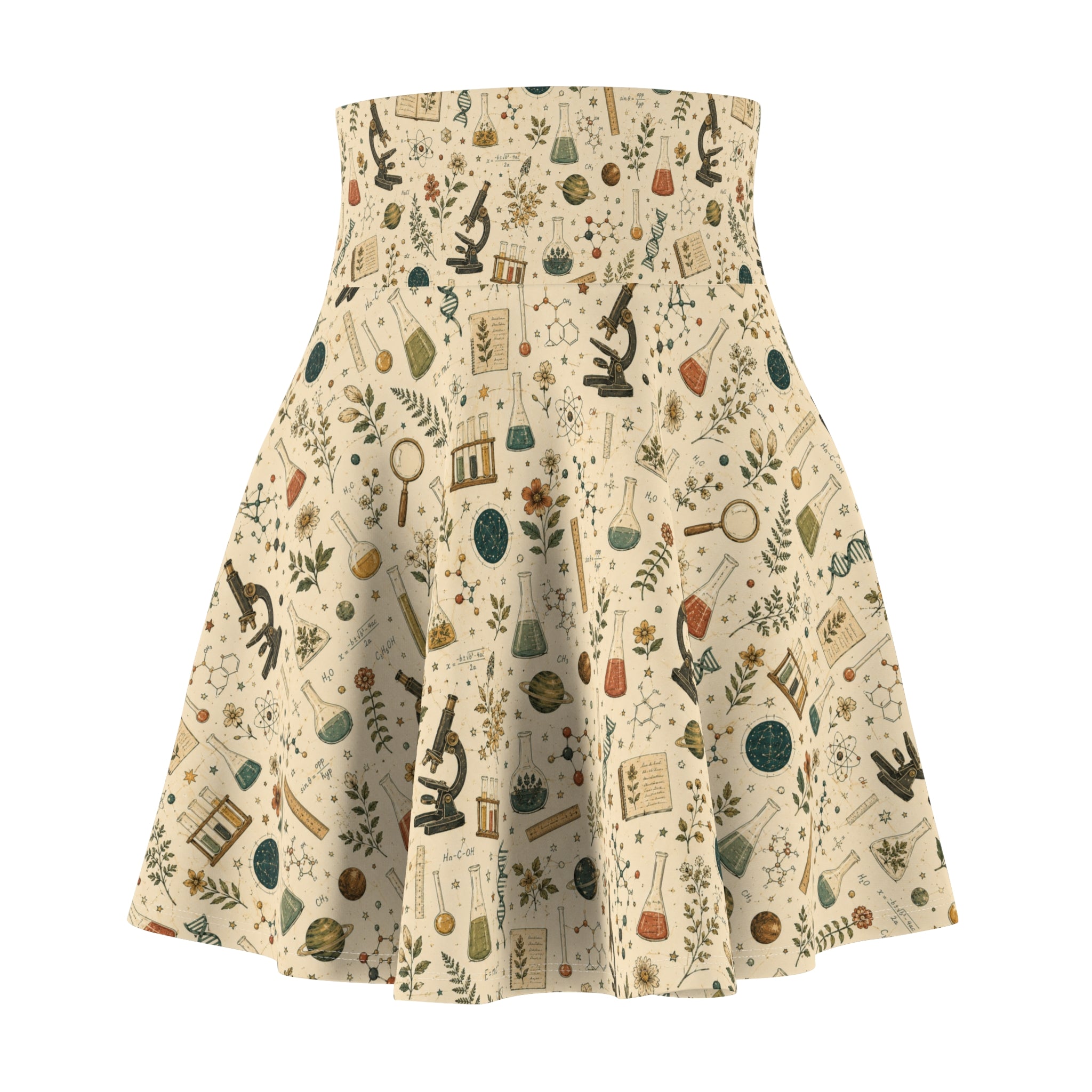 Science Teacher Skirt — Microscope & Lab Icons Print | Vintage STEM Skater Skirt for Women
