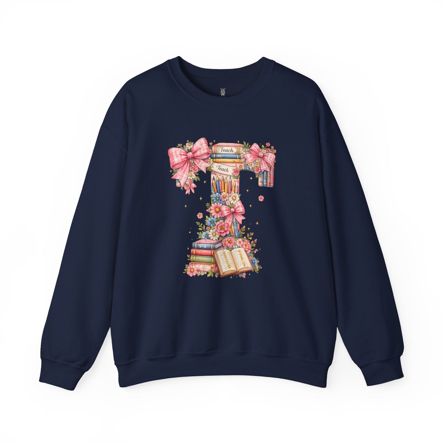 Letter T Floral Bookstack Sweatshirt — Feminine Alphabet Tee for Book Lovers