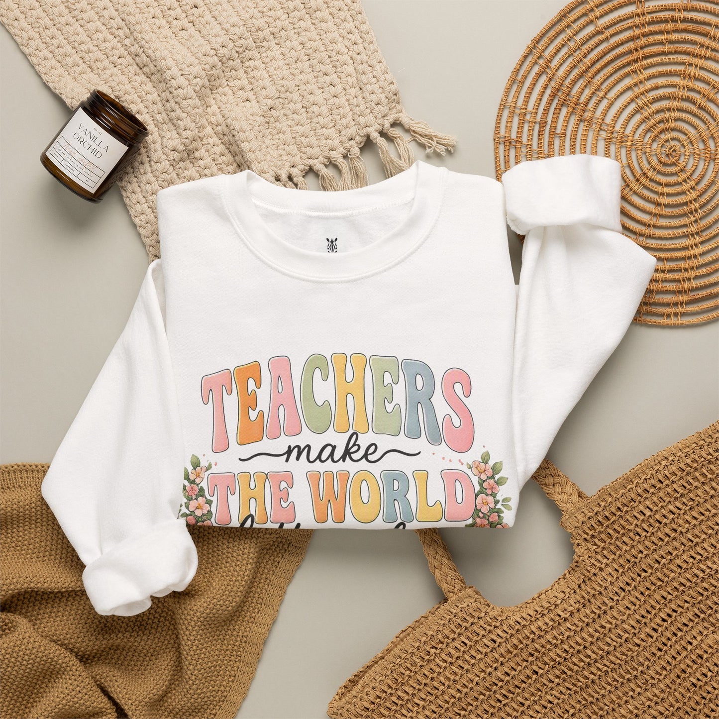 Cotton Teacher Sweatshirt – "Teachers Make the World Better" Daisy Crewneck