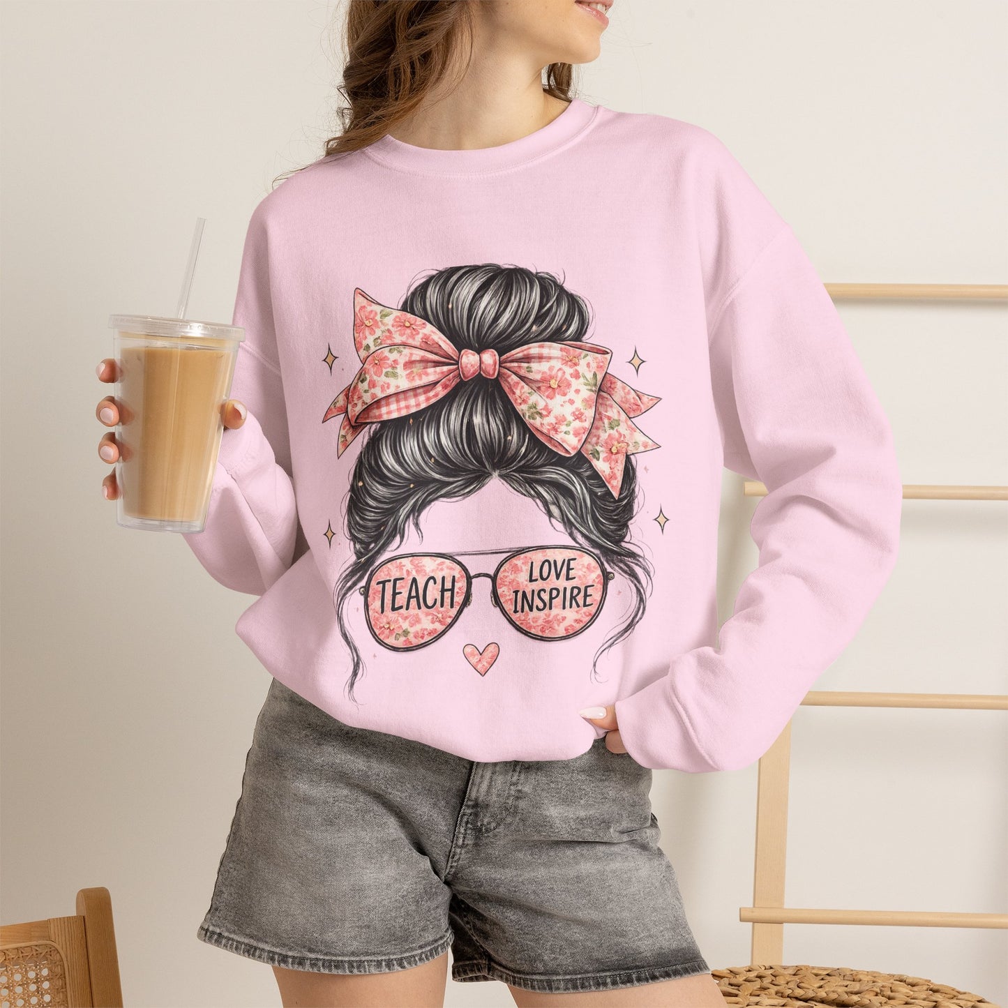 Funny Shirts for Teachers – Hair Bun & Sunglasses "Teach Love Inspire" Sweatshirt