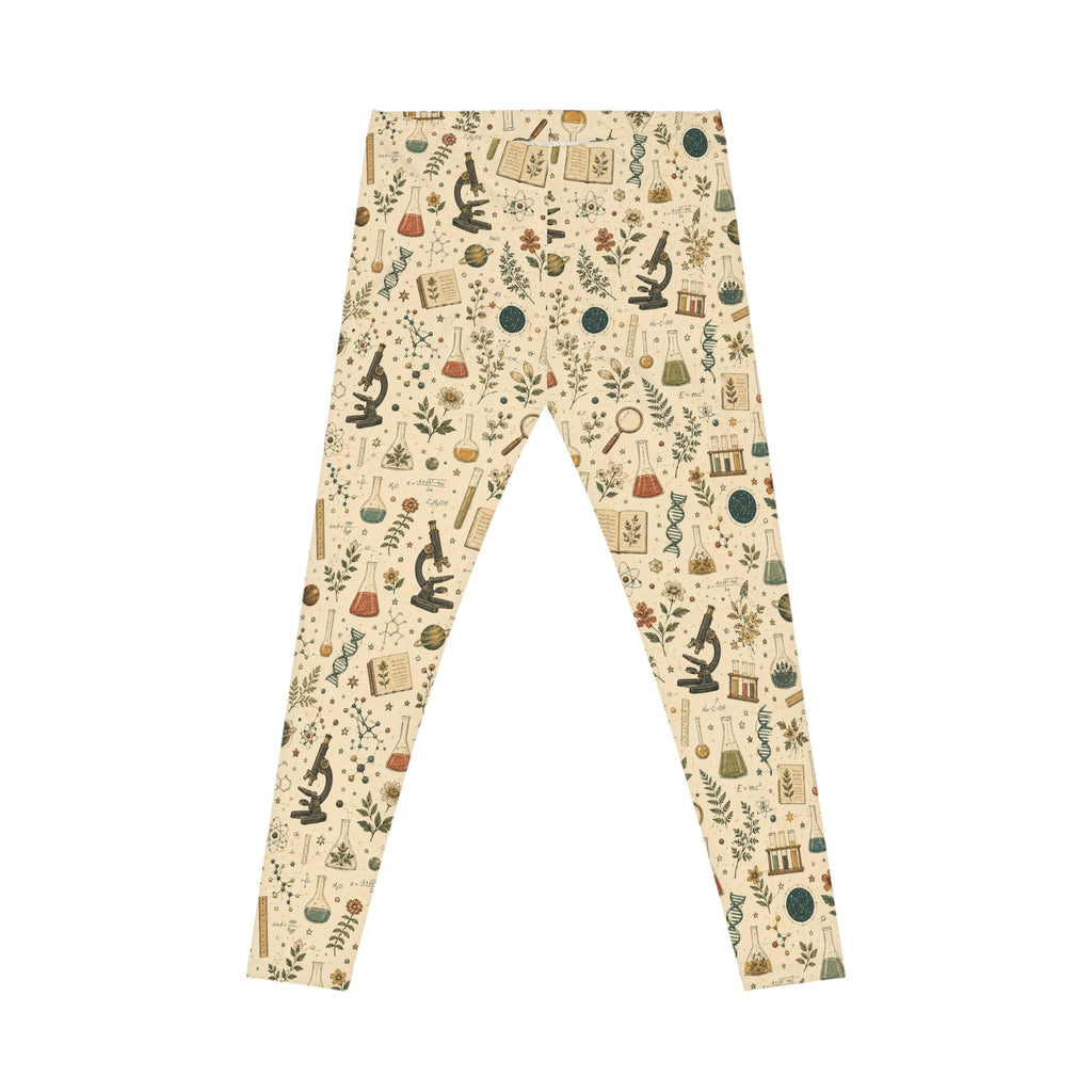 Science Teacher Leggings — Beige Botanical Lab Print | All-Over STEM Leggings for Women