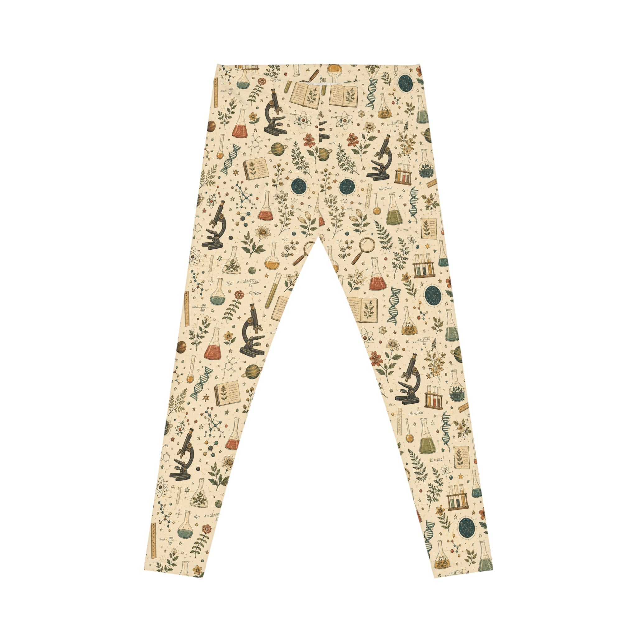 Science Teacher Leggings — Beige Botanical Lab Print | All-Over STEM Leggings for Women