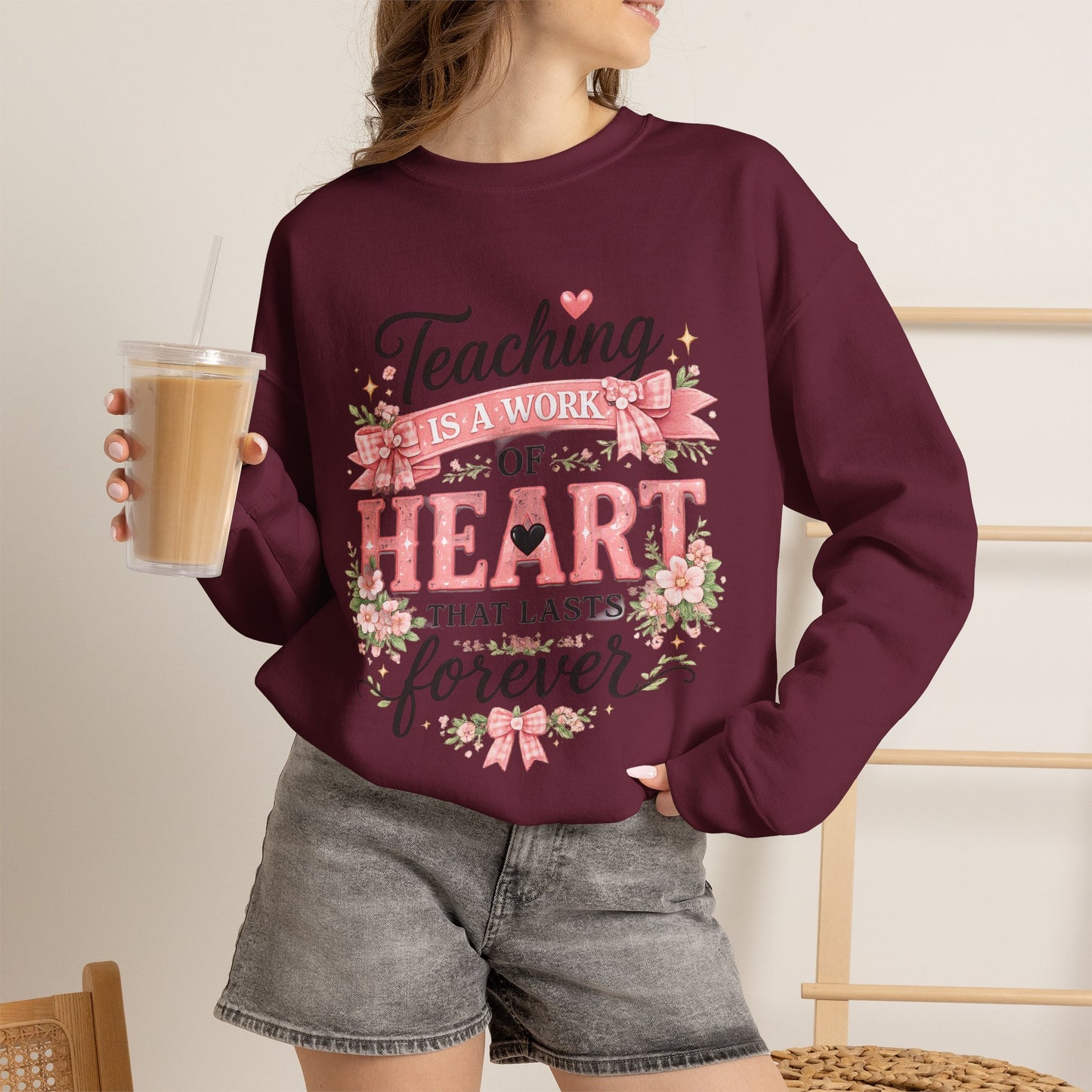 Elementary Teacher Crewneck Sweatshirt – "Teaching Is a Work of Heart" Floral