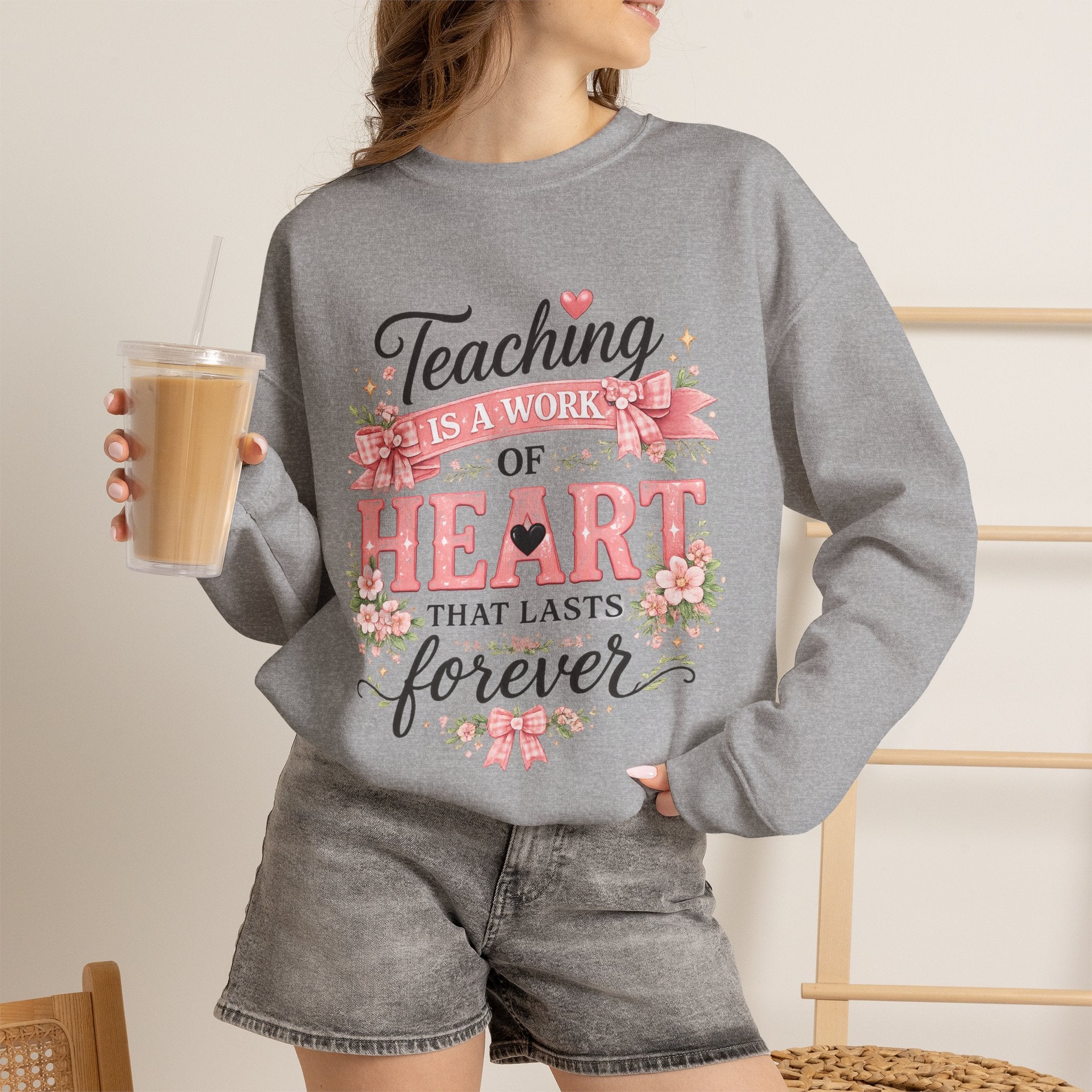 Elementary Teacher Crewneck Sweatshirt – "Teaching Is a Work of Heart" Floral