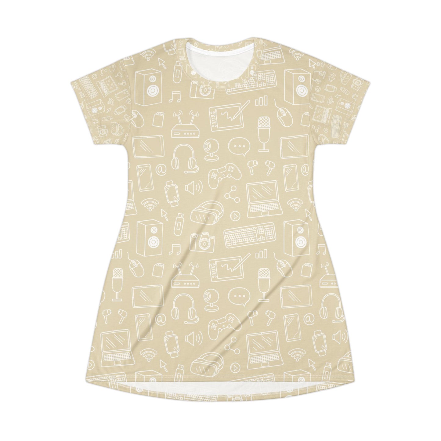 Computer Teacher  Pattern T‑Shirt Dress — Purple Gadgets All‑Over Print