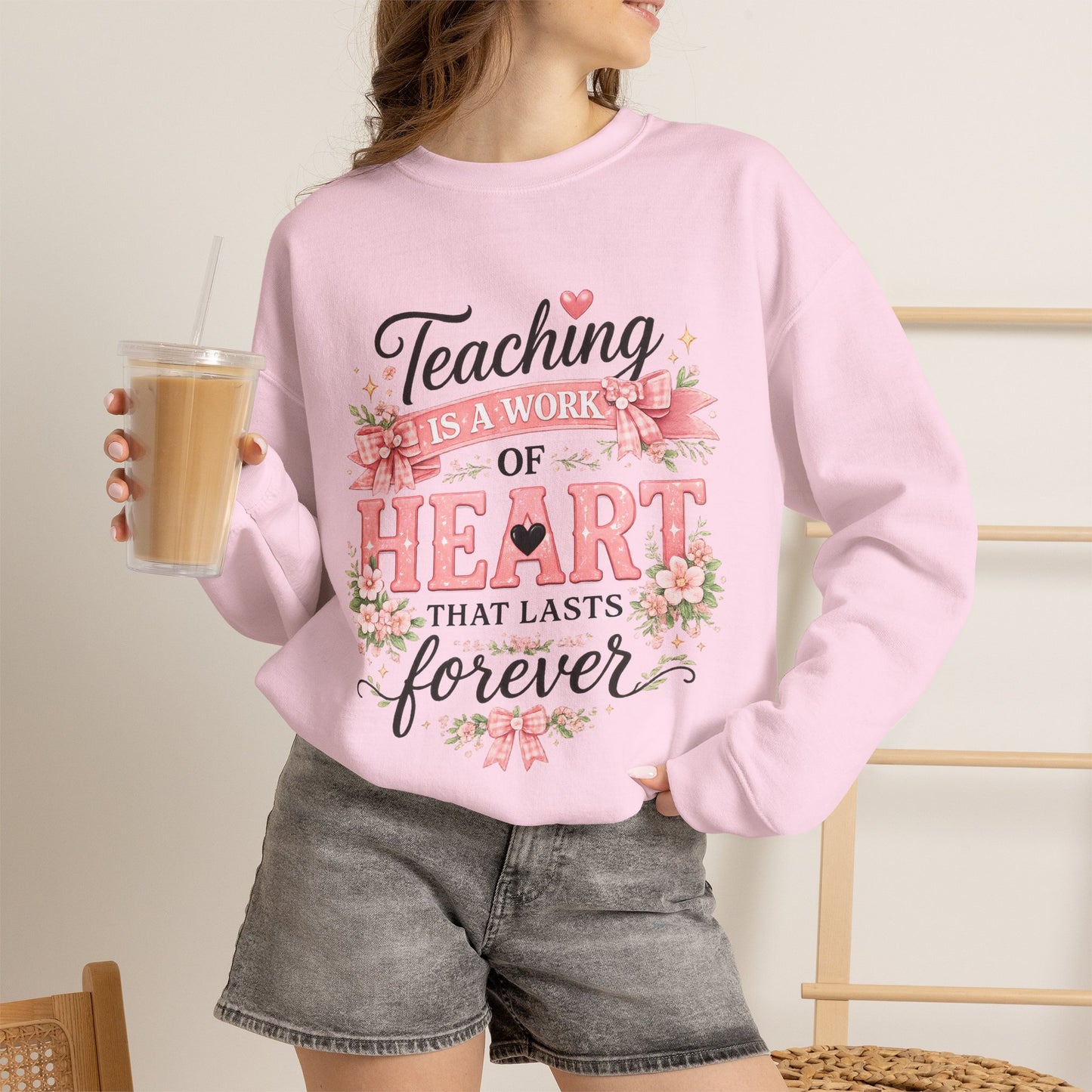 Elementary Teacher Crewneck Sweatshirt – "Teaching Is a Work of Heart" Floral