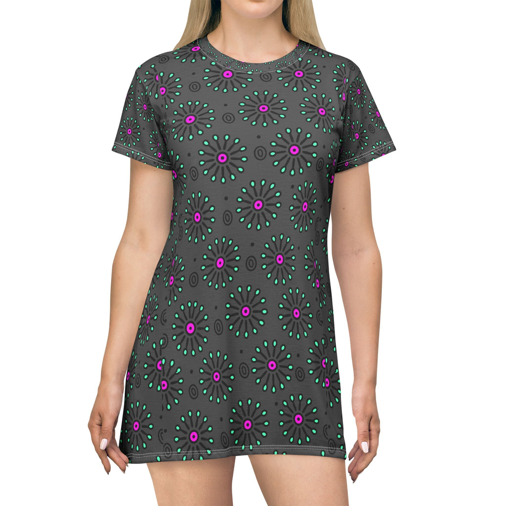 Teacher outfits for women pink teal floral medallion t-shirt dress — Zebra Creation