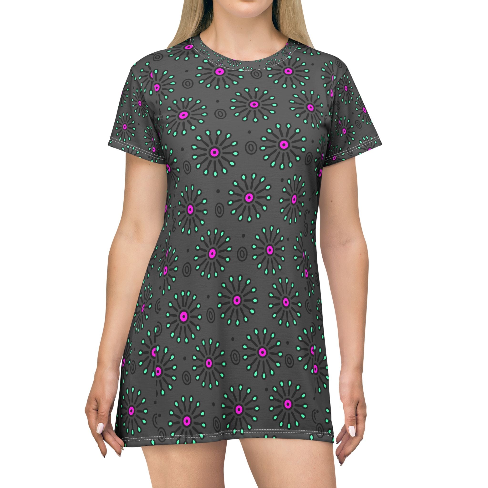 Teacher outfits for women pink teal floral medallion t-shirt dress — Zebra Creation