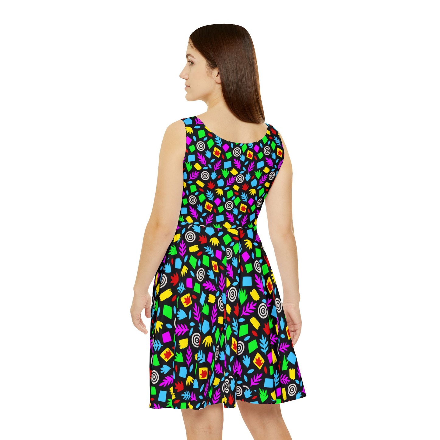 Neon Geometric Candy Pattern Skater Dress | Bright All-Over Print