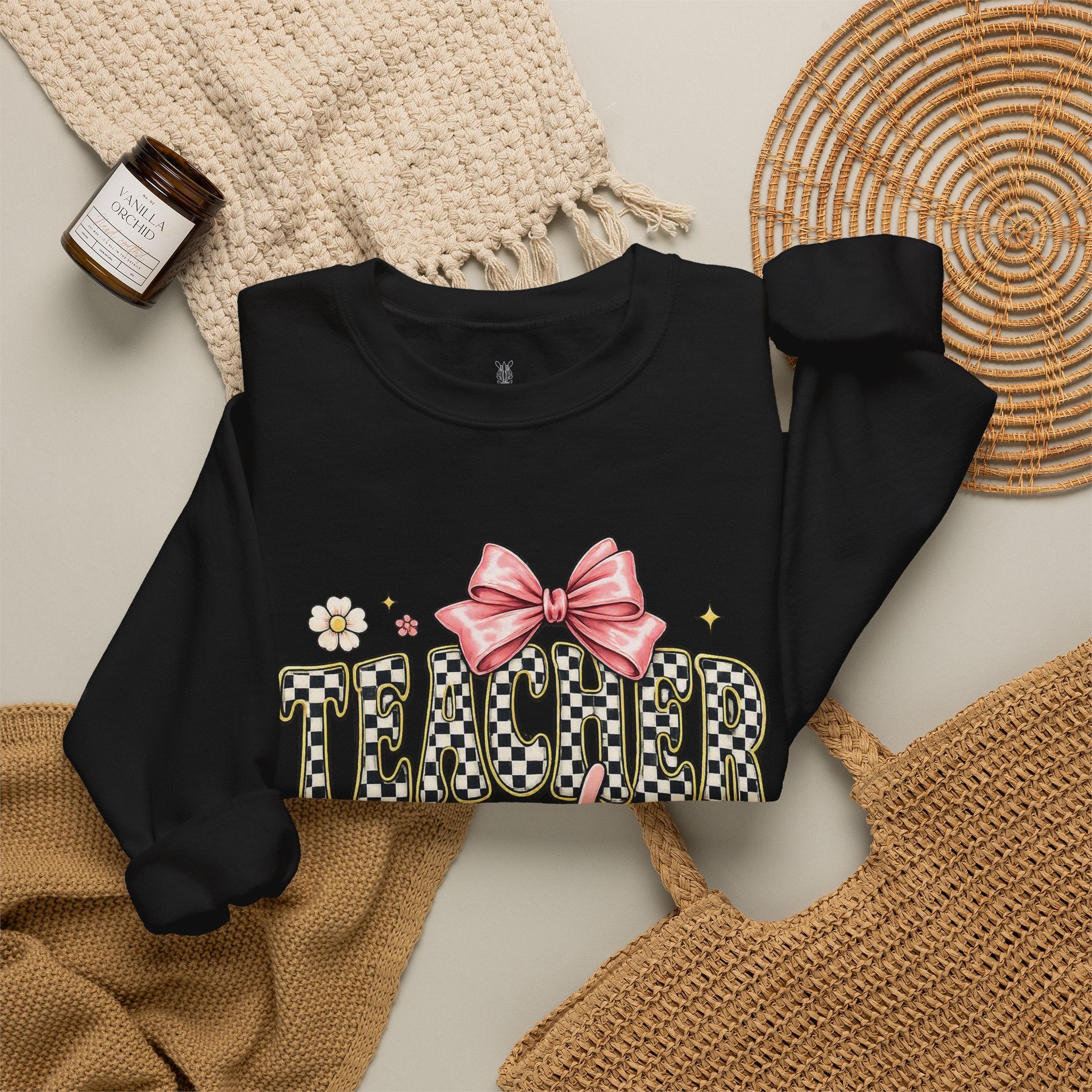 Teacher Crewneck Sweatshirt – "Feel-Good Energy" Pink Bow Graphic