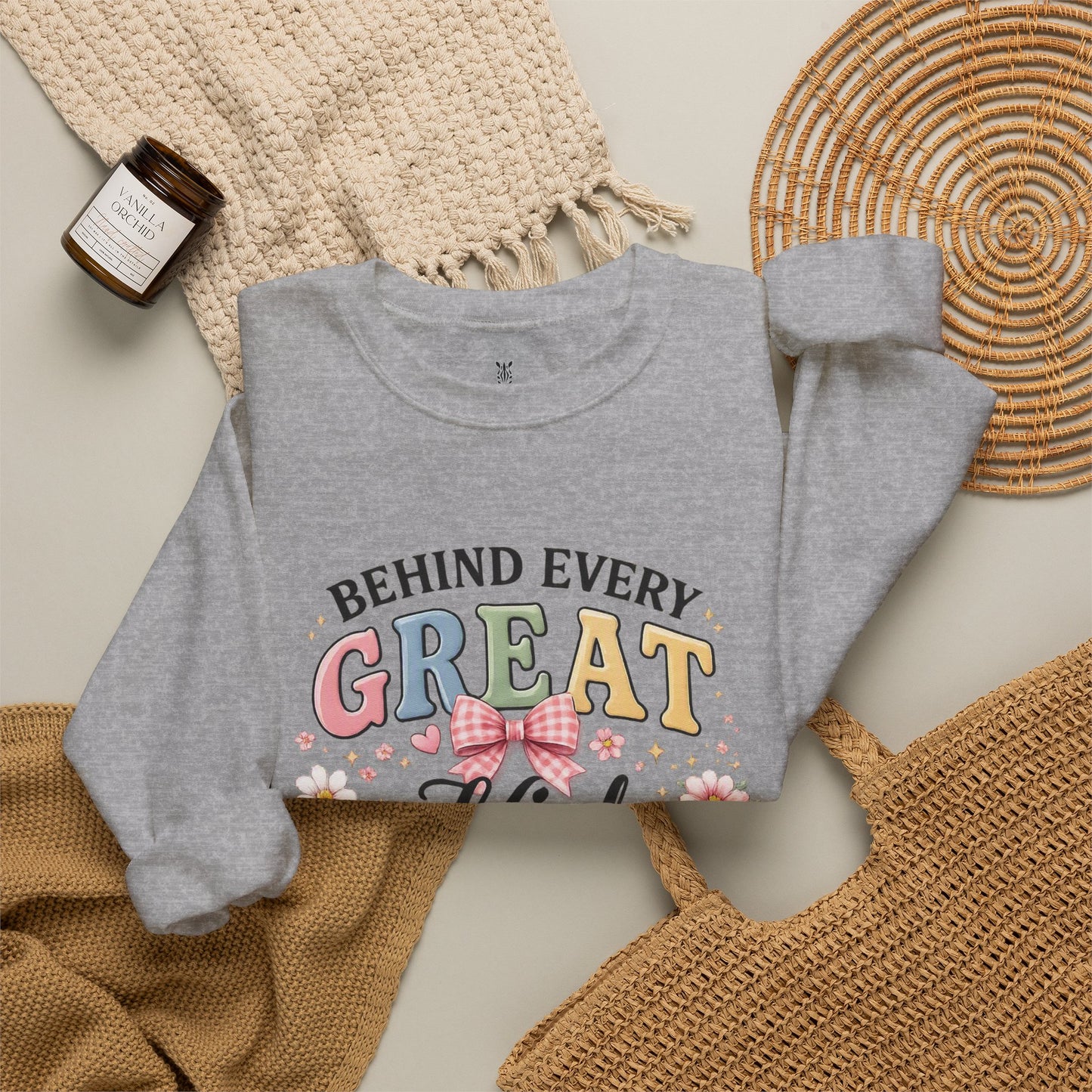 Crewneck Sweatshirt — “Behind Every Great Kid Is An Amazing Role Model” Floral Design