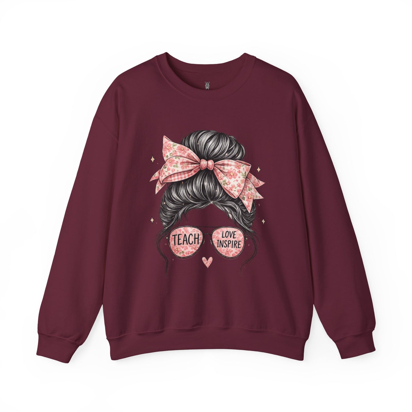 Funny Shirts for Teachers – Hair Bun & Sunglasses "Teach Love Inspire" Sweatshirt