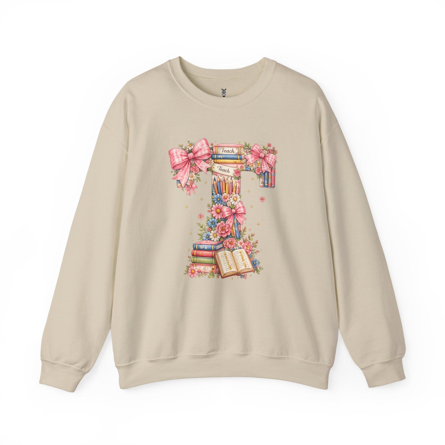 Letter T Floral Bookstack Sweatshirt — Feminine Alphabet Tee for Book Lovers