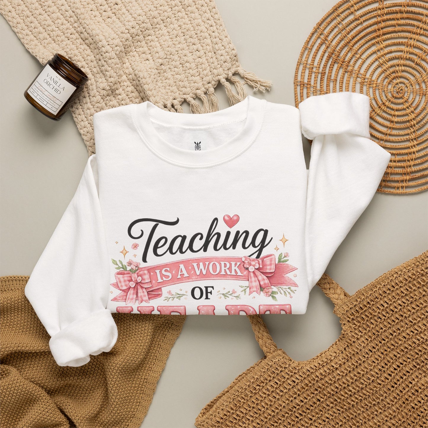 Elementary Teacher Crewneck Sweatshirt – "Teaching Is a Work of Heart" Floral