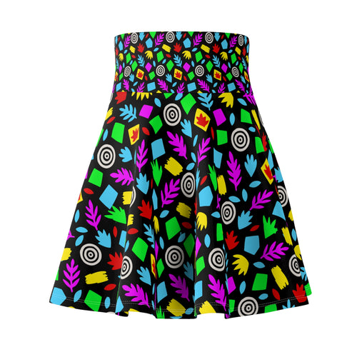 High-waisted skater skirt with neon 80s geometric print