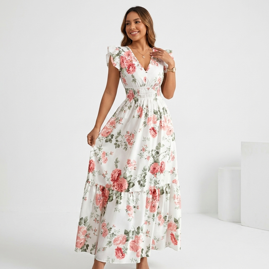 Floral flutter sleeve smocked waist white maxi dress for teachers with pink floral print and V-neck design