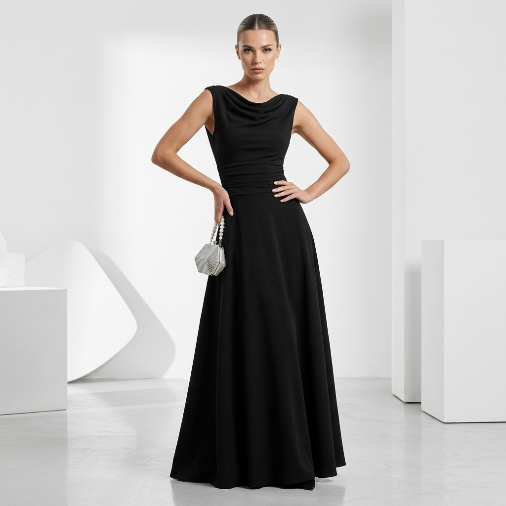 Elegant black A-line midi dress for teachers with sleeveless design and draped neckline