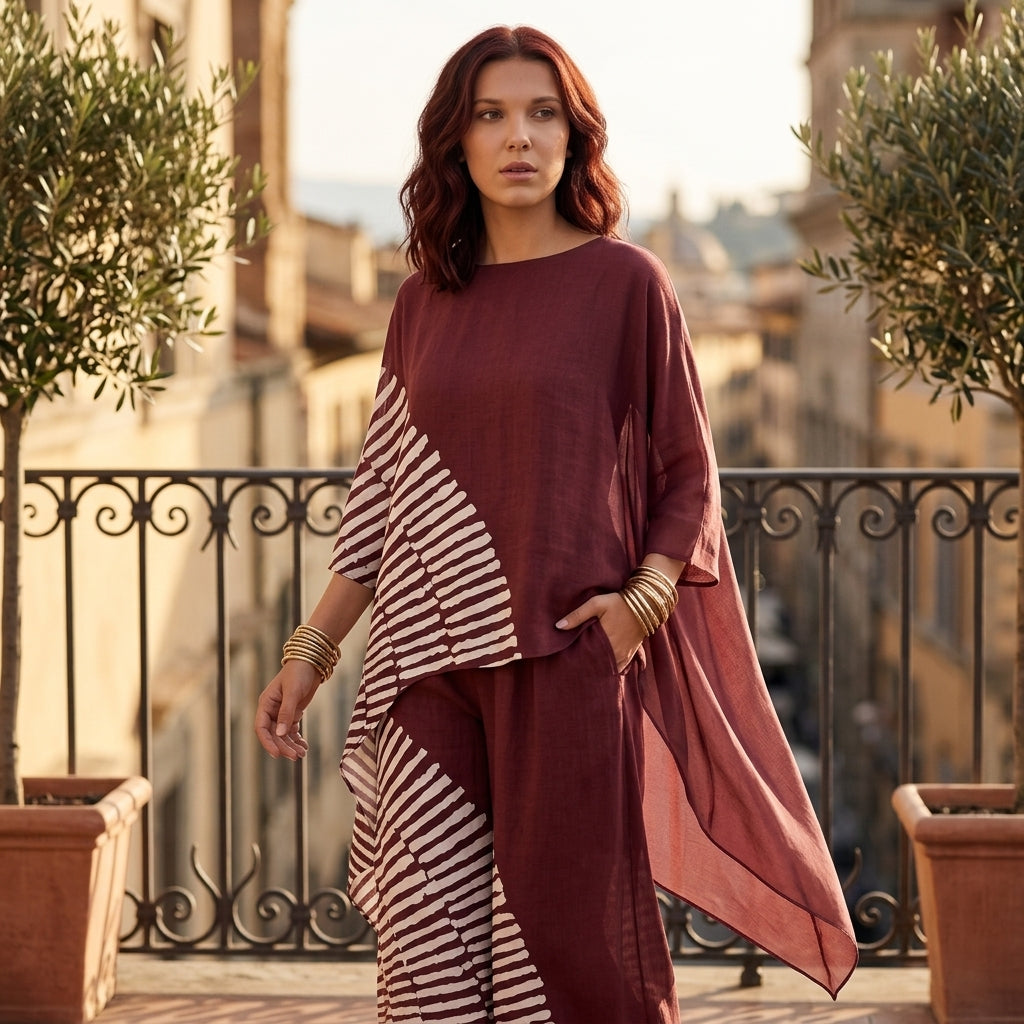 Going Out Sets Women | Burgundy Stripe Asymmetric Palazzo Co-Ord Evening Set