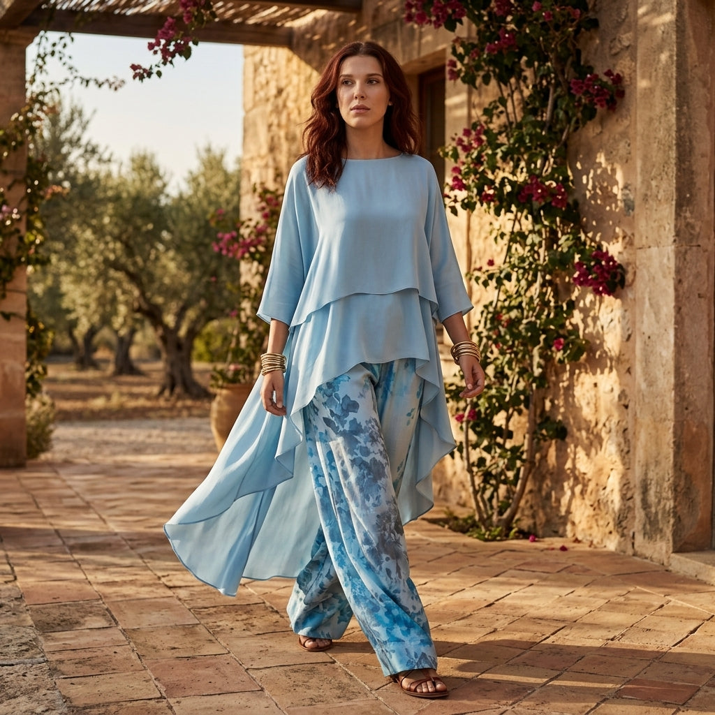 Petite Formal Dresses for Wedding Guest | Ice Blue Chiffon Floral Wide Leg Palazzo Set