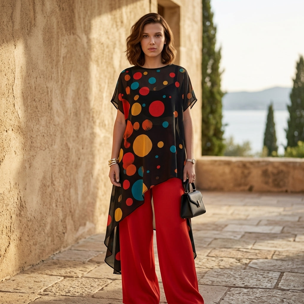 Two Piece Set Women | Black Multicolor Circle Print Chiffon Top & Red Wide Leg Palazzo
