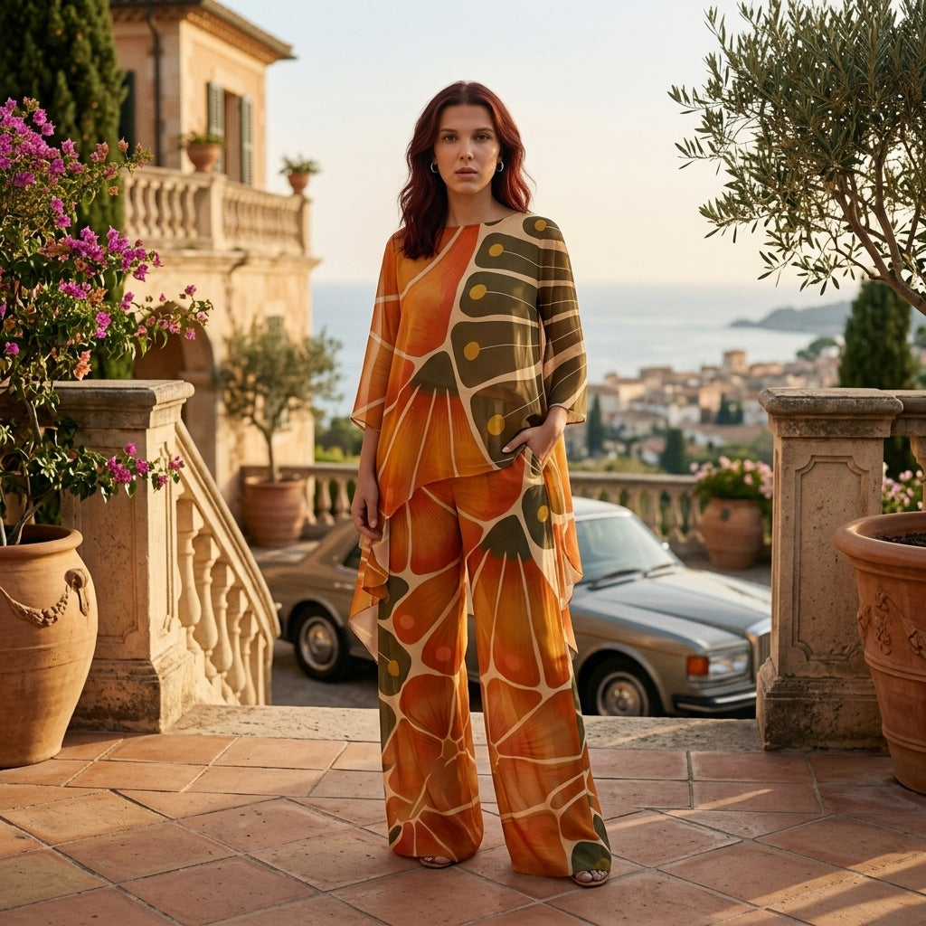 Palazzo Clothing | Orange Retro Butterfly Print Wide Leg Palazzo Co-Ord Set
