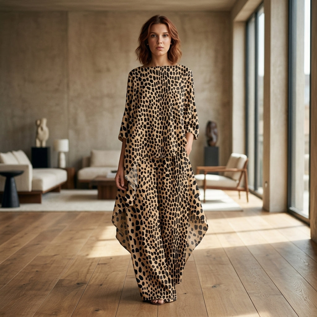 Leopard Print Skirt Set | Sand & Black Animal Print Wide Leg Palazzo Co-Ord