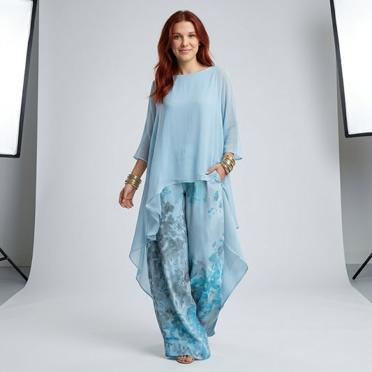 Petite Formal Dresses for Wedding Guest | Ice Blue Chiffon Floral Wide Leg Palazzo Set