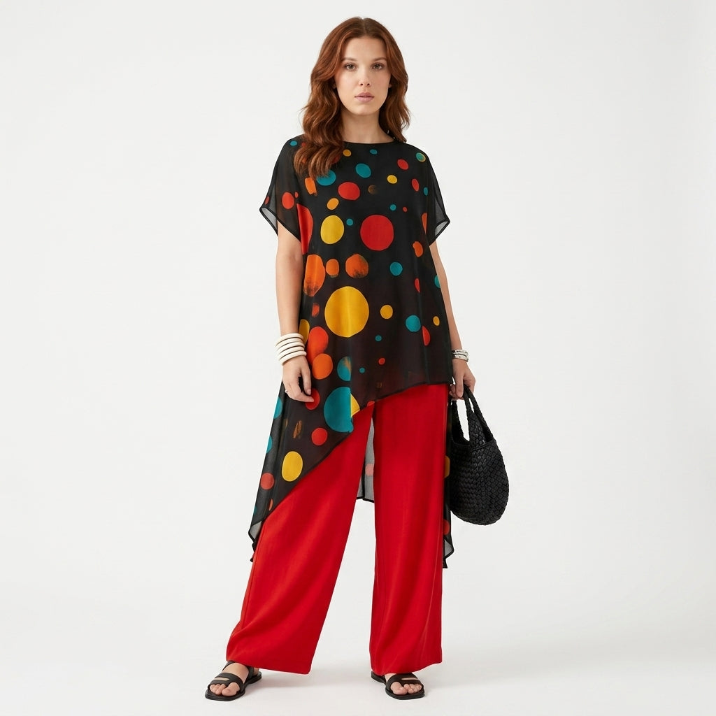 Two Piece Set Women | Black Multicolor Circle Print Chiffon Top & Red Wide Leg Palazzo