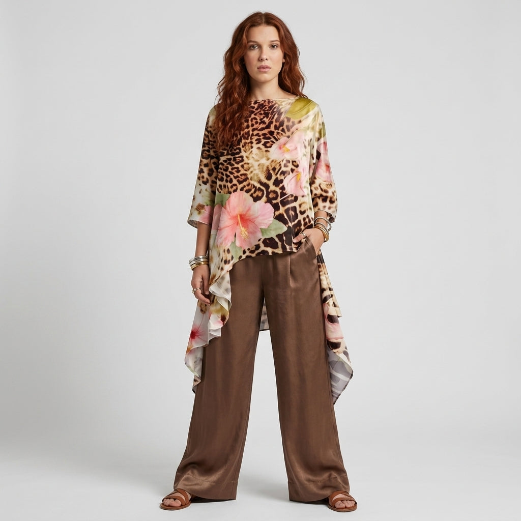 Skirt and Top Set | Leopard Hibiscus Floral Asymmetric Top & Chocolate Palazzo