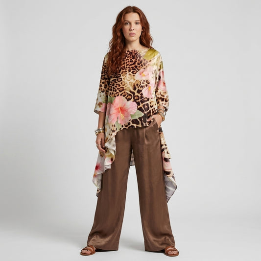 Skirt and Top Set | Leopard Hibiscus Floral Asymmetric Top & Chocolate Palazzo
