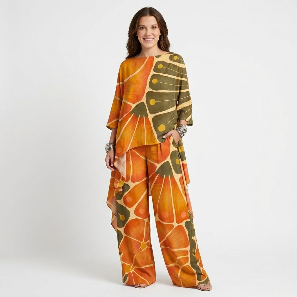 Palazzo Clothing | Orange Retro Butterfly Print Wide Leg Palazzo Co-Ord Set