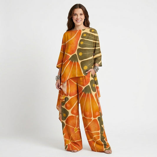 Palazzo Clothing | Orange Retro Butterfly Print Wide Leg Palazzo Co-Ord Set