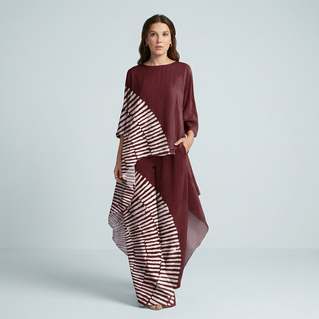 Going Out Sets Women | Burgundy Stripe Asymmetric Palazzo Co-Ord Evening Set